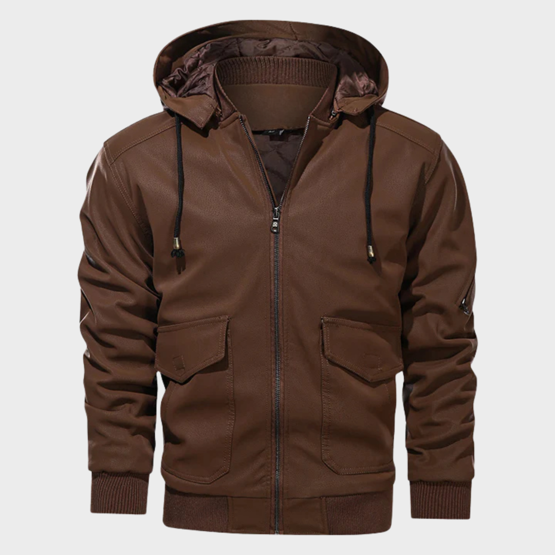 Men's Hooded Leather Jacket with removable hood