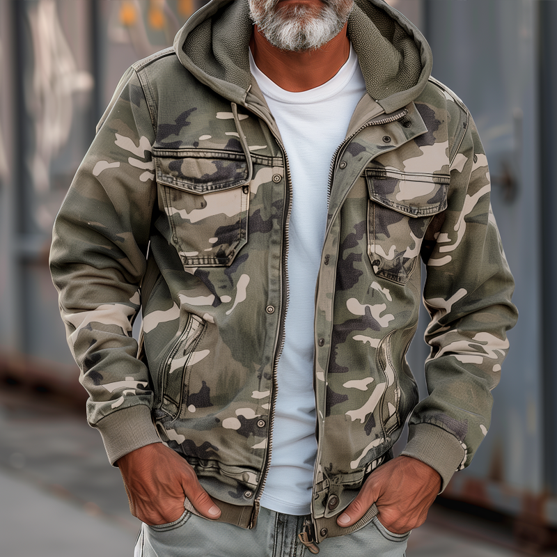 Men's Camouflage Hooded Multi-Pocket Zip Cargo Jacket