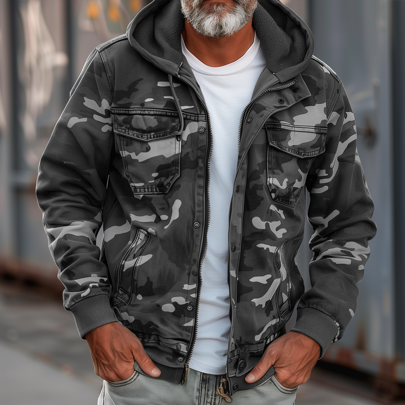 Men's Camouflage Hooded Multi-Pocket Zip Cargo Jacket