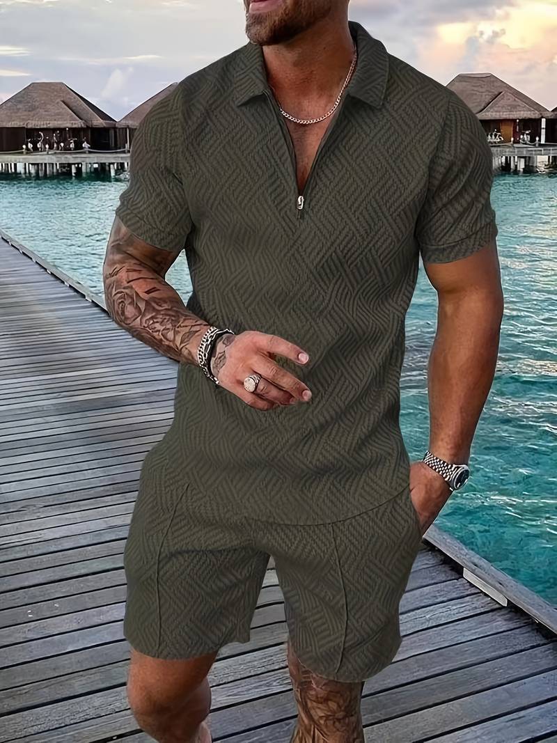 Men's Summer 2-Piece Set with Zipper Collar