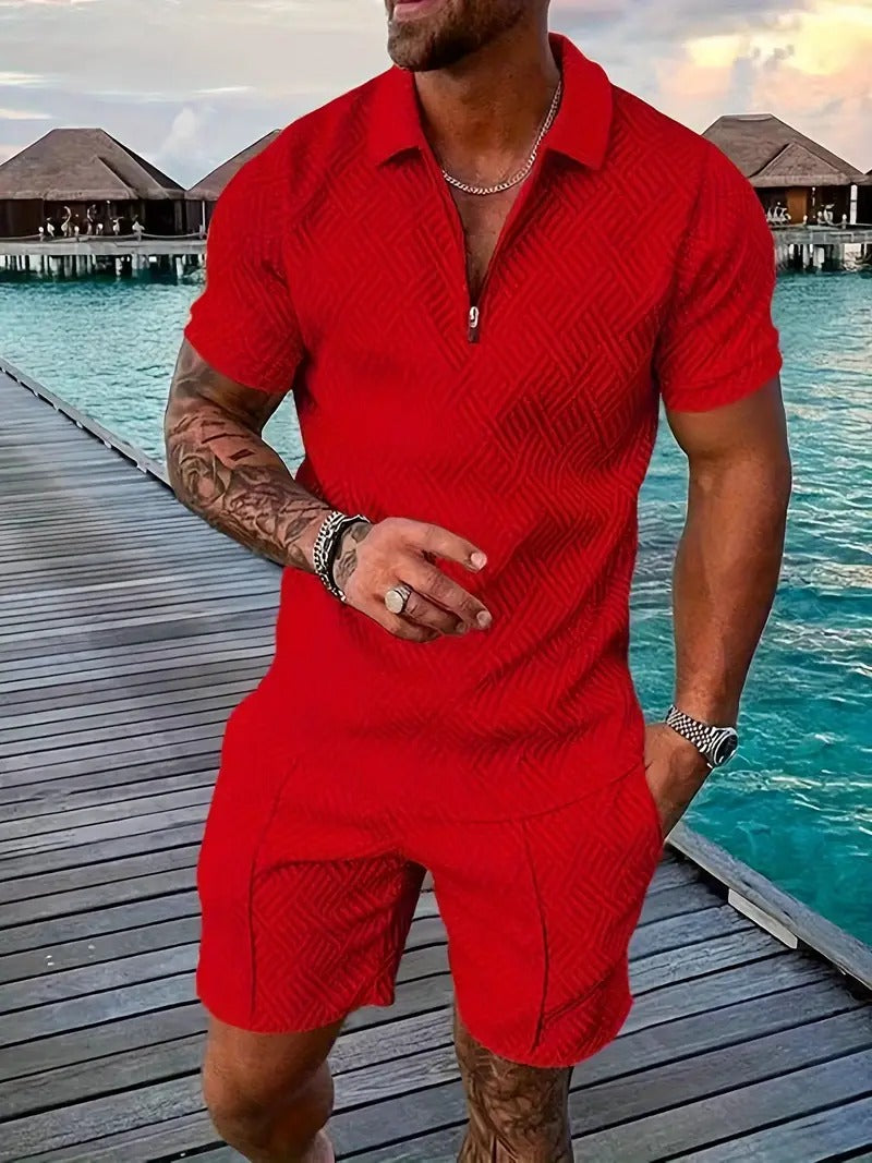 Men's Summer 2-Piece Set with Zipper Collar