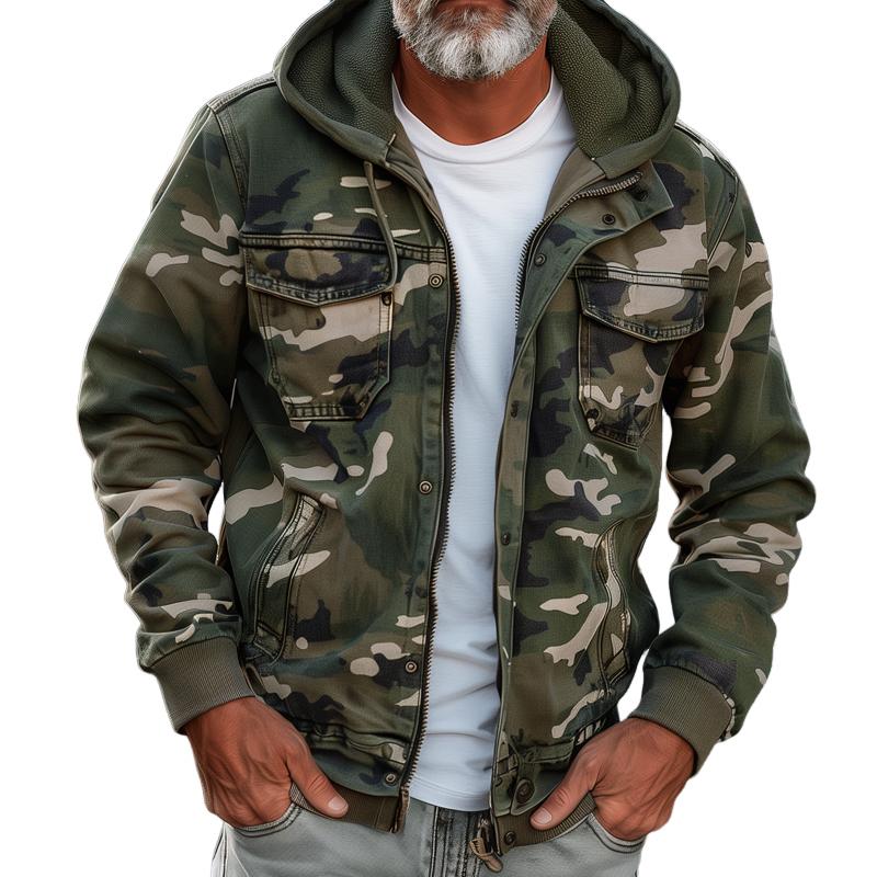 Men's Camouflage Hooded Multi-Pocket Zip Cargo Jacket